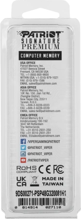 Память DDR4 8Gb 3200MHz Patriot PSP48G320081H1 Signature RTL Gaming PC4-25600 CL22 DIMM 288-pin 1.2В single rank с радиатором Ret