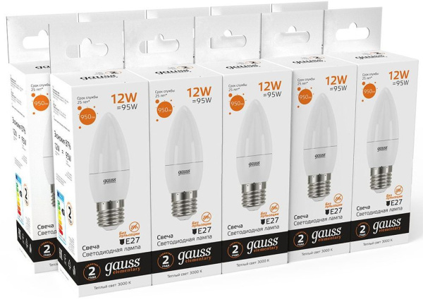 Лампа светодиодная Gauss Elementary 30212 12Вт цок.:E27 свеча 220B 3000K св.свеч.бел.теп. (упак.:10шт)