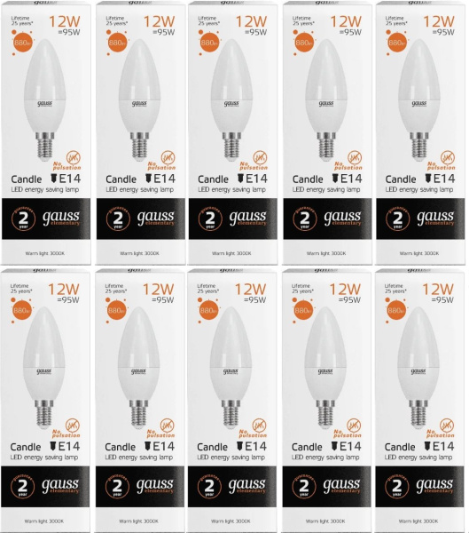 Лампа светодиодная Gauss Elementary 12Вт цок.:E14 свеча 220B 3000K св.свеч.бел.теп. C37 (упак.:10шт) (33112)