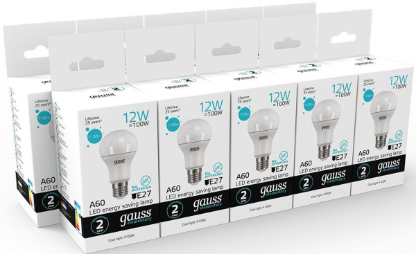 Лампа светодиодная Gauss Elementary 12Вт цок.:E27 груша 220B 4100K св.свеч.бел.нейт. A60 (упак.:10шт) (23222)