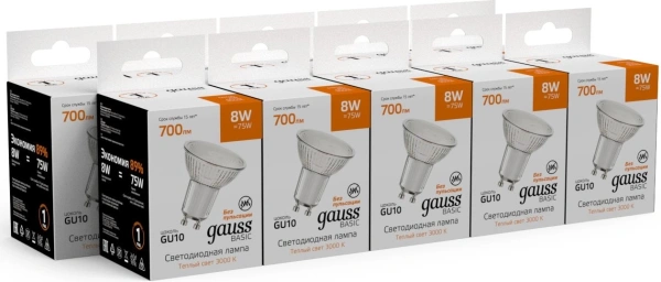 Лампа светодиодная Gauss Basic 8Вт цок.:GU10 софит св.свеч.теп.св./дневн. (10106182)