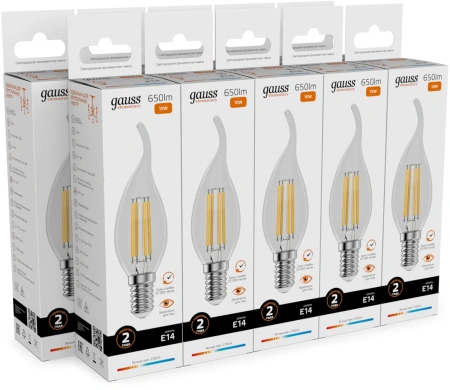 Лампа филам. Gauss Filament 10Вт цок.:E14 свеча св.свеч.бел.теп. (упак.:10шт) (42110)