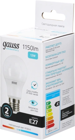 Лампа светодиодная Gauss Elementary A60 12Вт цок.:E27 груша 220B 4100K св.свеч.бел.нейт. (упак.:1шт) (23222)