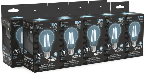 Лампа филам. Gauss Filament 18Вт цок.:E27 груша св.свеч.бел.нейт. (упак.:10шт) (102902218)
