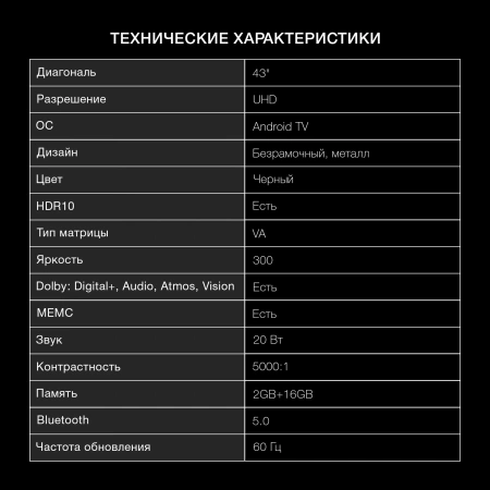 Телевизор LED Hyundai 43" H-LED43BU7009 Smart Android TV Frameless черный/черный/4K Ultra HD/DVB-T/6