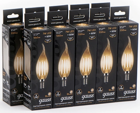 Лампа светодиодная Gauss Filament 7Вт цок.:E14 свеча 220B св.свеч.бел.теп. CF35 (упак.:10шт) (104801107)