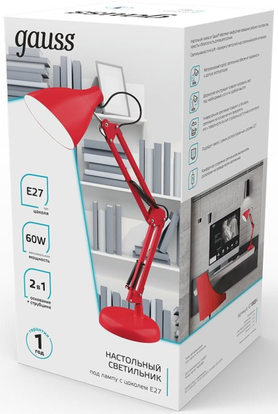 Светильник Gauss GT0034 настольный на струбцине/основание E27 красный 60Вт