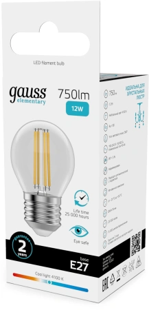 Лампа филам. Gauss Filament 12Вт цок.:E27 шар 220B св.свеч.бел.нейт. (упак.:10шт) (52222)