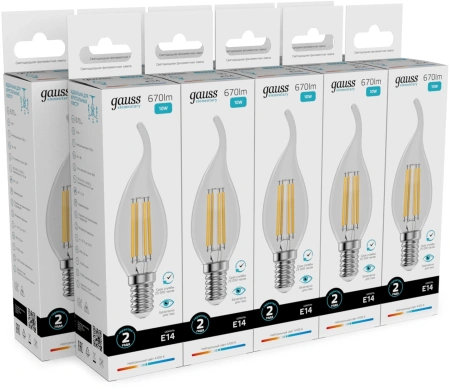 Лампа филам. Gauss Filament 10Вт цок.:E14 свеча св.свеч.бел.нейт. (упак.:10шт) (42120)