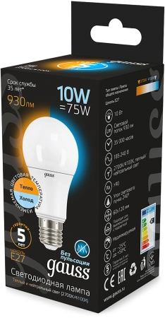 Лампа светодиодная Gauss A60 10Вт цок.:E27 груша 220B св.свеч.бел.теп. (упак.:10шт) (102502110-T)