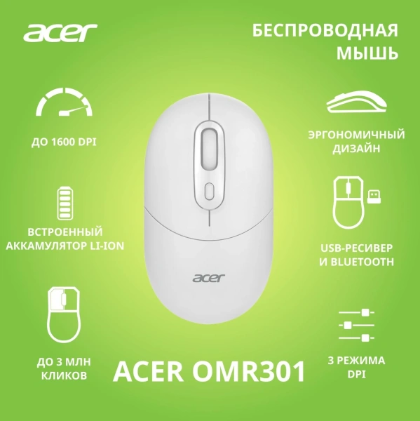 Мышь Acer OMR301 белый оптическая 1600dpi беспров. BT/Radio USB 4but (ZL.MCECC.01U)