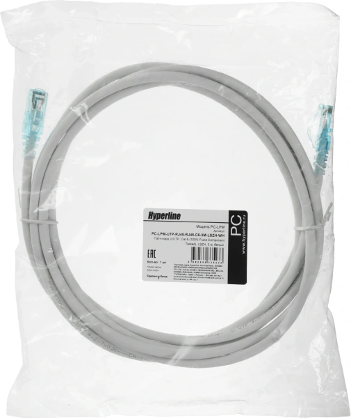 Патч-корд Hyperline PC-LPM-UTP-RJ45-RJ45-C6-3M-LSZH-WH PC-LPM-UTP-RJ45-RJ45-C6-3M UTP RJ-45 вил.-вилка RJ-45 кат.6 3м белый LSZH 24AWG