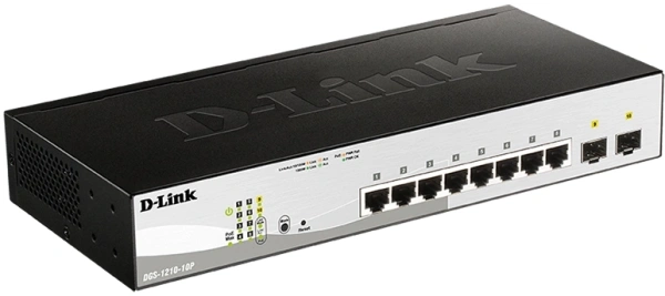 Коммутатор D-Link DGS-1210-10P DGS-1210-10P/FL2A (L2+) 8x1Гбит/с 2xКомбо(1000BASE-T/SFP) 8PoE 8PoE+ 65W управляемый