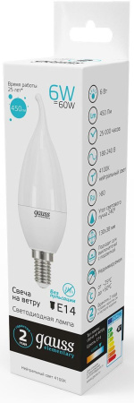 Лампа светодиодная Gauss Elementary 6Вт цок.:E14 свеча 220B 4100K св.свеч.бел.нейт. (упак.:10шт) (34126)