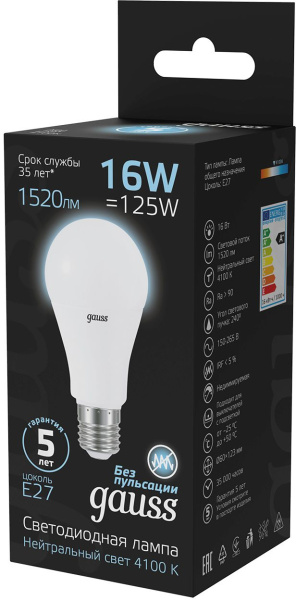 Лампа светодиодная Gauss A60 16Вт цок.:E27 груша 220B 4100K св.свеч.бел.нейт. (упак.:1шт) (102502216)