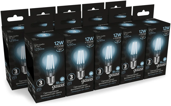 Лампа светодиодная Gauss Filament 102902212 12Вт цок.:E27 груша 185B св.свеч.бел.нейт. грушевидная (упак.:10шт)