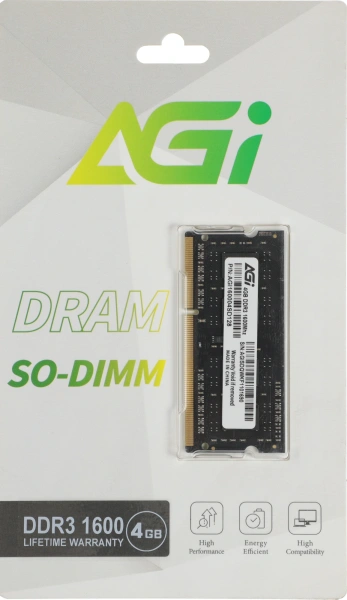 Память DDR3 4GB 1600MHz AGi AGI160004SD128 SD128 RTL PC4-12800 SO-DIMM 240-pin 1.2В RTL