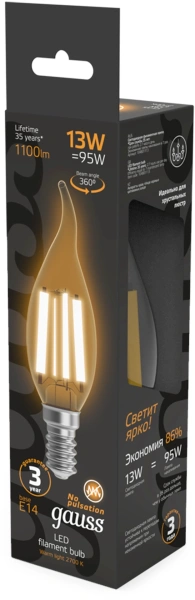 Лампа филам. Gauss Filament 13Вт цок.:E14 свеча 220B св.свеч.бел.теп. (упак.:10шт) (104801113)