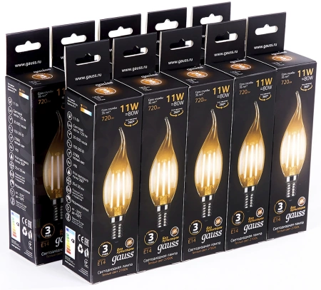 Лампа филам. Gauss Filament 11Вт цок.:E14 (упак.:10шт) свеча 220B св.свеч.бел.теп. CF35 (104801111)