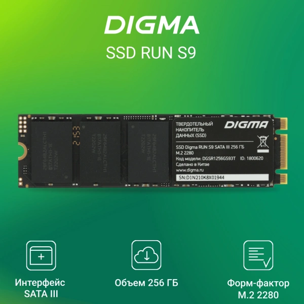 Накопитель SSD Digma SATA III 256Gb DGSR1256GS93T Run S9 M.2 2280