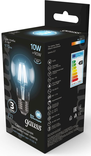 Лампа филам. Gauss 10Вт цок.:E27 шар 220B 4100K св.свеч.бел.нейт. A60 (упак.:10шт) (102802210)