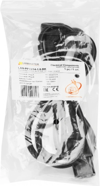 Шнур питания Lanmaster LAN-PP13/14-1.8-BK C13-С14 проводник.:3x0.75мм2 1.8м 220В 10А (упак.:1шт) черный