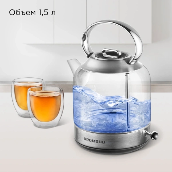 Чайник электрический Redmond KG221 1.5л. 2200Вт серебристый матовый корпус: стекло/сталь