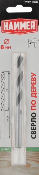 Сверло Hammer Flex 202-205 (202-205) по дереву Д=8мм Дл=117мм (1пред.) для дрелей