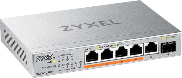 Коммутатор Zyxel XMG-105HP-EU0101F (L2) 5x2.5Гбит/с 1SFP+ 4PoE++ 70W неуправляемый