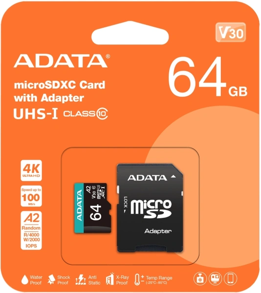 Флеш карта microSDXC 64Gb Class10 A-Data AUSDX64GUI3V30SA2-RA1 Premier Pro + adapter