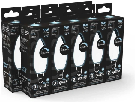 Лампа светодиодная Gauss Filament 103201209-D 9Вт цок.:E14 свеча 220B св.свеч.бел.нейт. (упак.:10шт)