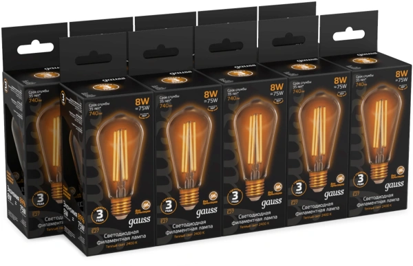 Лампа филам. Gauss Filament ST64 8Вт цок.:E27 (упак.:10шт) эдисон 220B св.свеч.бел.теп. (157802008)