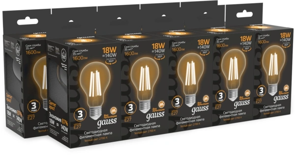 Лампа филам. Gauss Filament 18Вт цок.:E27 груша св.свеч.бел.теп. (упак.:10шт) (102902118)