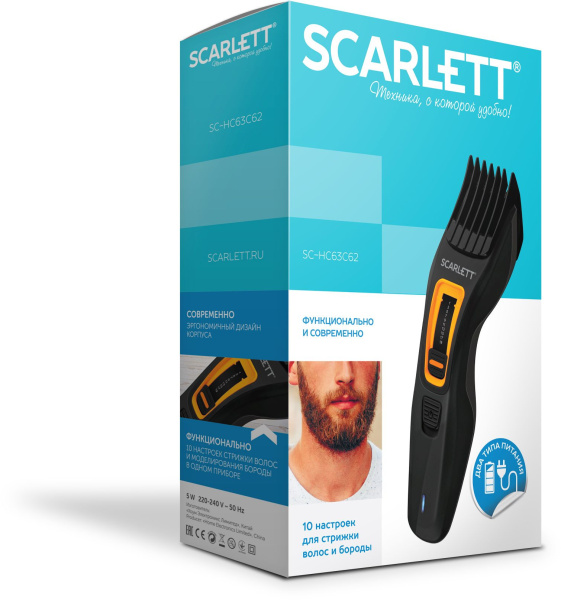 Машинка для стрижки Scarlett SC-HC63C62 черный/оранжевый 5Вт (насадок в компл:1шт)