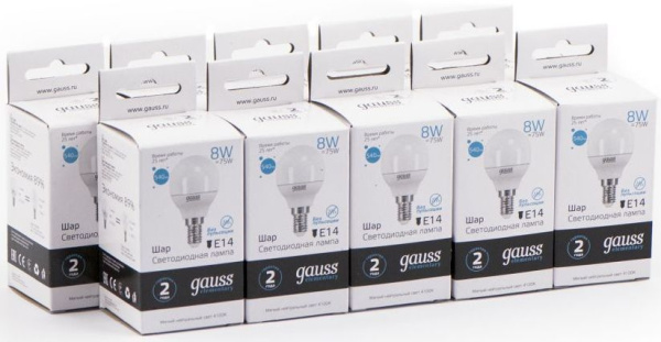 Лампа светодиодная Gauss Elementary 8Вт цок.:E14 шар 220B 4100K св.свеч.бел.нейт. P45 (упак.:10шт) (53128)