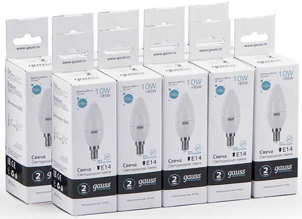 Лампа светодиодная Gauss Elementary 10Вт цок.:E14 свеча 220B 4100K св.свеч.бел.нейт. C37 (упак.:10шт) (33120)