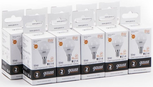 Лампа светодиодная Gauss Elementary 8Вт цок.:E14 шар 220B 3000K св.свеч.бел.теп. P45 (упак.:10шт) (53118)