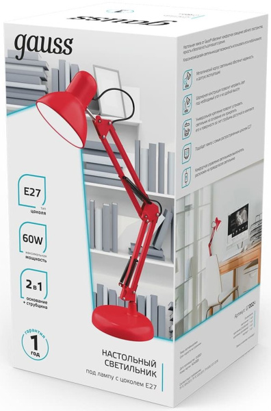 Светильник Gauss GT0024 настольный на струбцине/основание E27 красный 60Вт