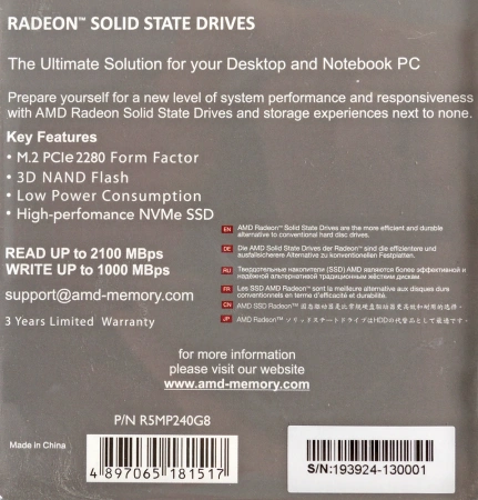 Накопитель SSD AMD PCI-E 3.0 x4 240Gb R5MP240G8 Radeon M.2 2280