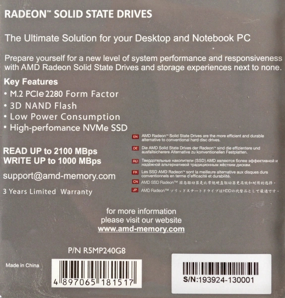 Накопитель SSD AMD PCI-E 3.0 x4 240Gb R5MP240G8 Radeon M.2 2280