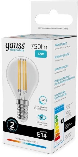 Лампа филам. Gauss Filament 12Вт цок.:E14 шар 220B св.свеч.бел.нейт. (упак.:10шт) (52122)
