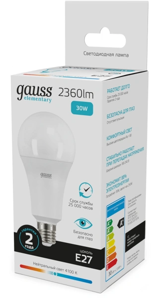 Лампа светодиодная Gauss Globe Elementary 30Вт цок.:E27 (упак.:10шт) груша 220B св.свеч.бел.нейт. А6