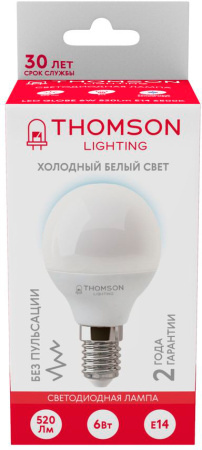 Лампа светодиодная Thomson TH-B2315 6Вт цок.:E14 шар 220B 6500K св.свеч.бел.хол. Globe (упак.:1шт)
