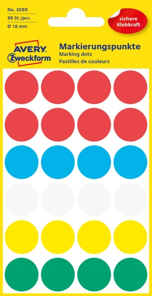 Этикетки Avery Zweckform 3089 24шт на листе диаметр 18мм/70г/м2/4л./ассорти самоклей. универсальная