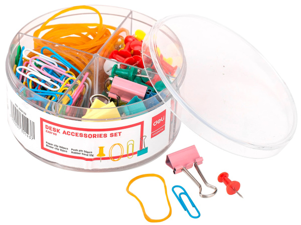 Набор мелкоофисный Deli EZ20703 резинки для купюр 12гр гвоздики 50шт скрепки 100шт зажимы 10шт пластиковая туба