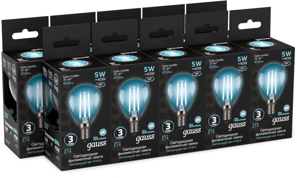Лампа филам. Gauss Filament 5Вт цок.:E14 свеча 220B св.свеч.бел.нейт. (упак.:10шт) (105801205)