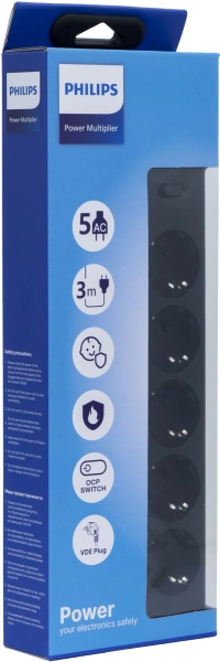 Сетевой фильтр Philips CHP2155BB/51 3м (5 розеток) черный (коробка)