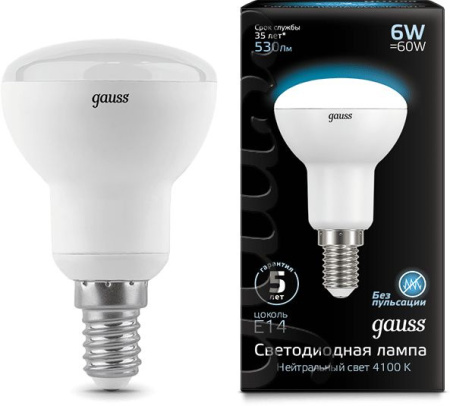 Лампа светодиодная Gauss R50 6Вт цок.:E14 рефлек. 220B 4100K св.свеч.бел.нейт. (упак.:10шт) (106001206)