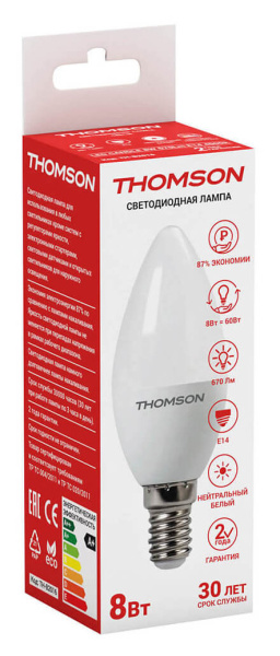 Лампа светодиодная Thomson Candle TH-B2016 8Вт цок.:E14 свеча 220B 4000K св.свеч.бел.нейт. C (упак.:1шт)