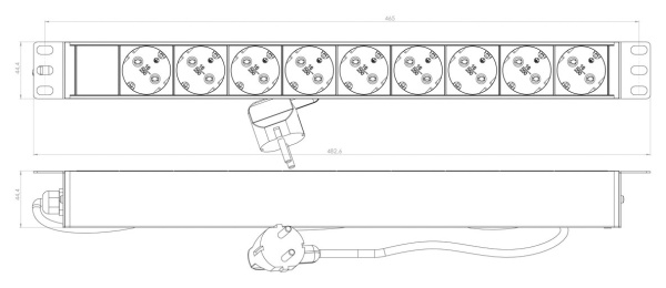 Блок распределения питания Hyperline SHE19-9SH-2.5EU гор.размещ. 9xSchuko базовые 16A Schuko 2.5м